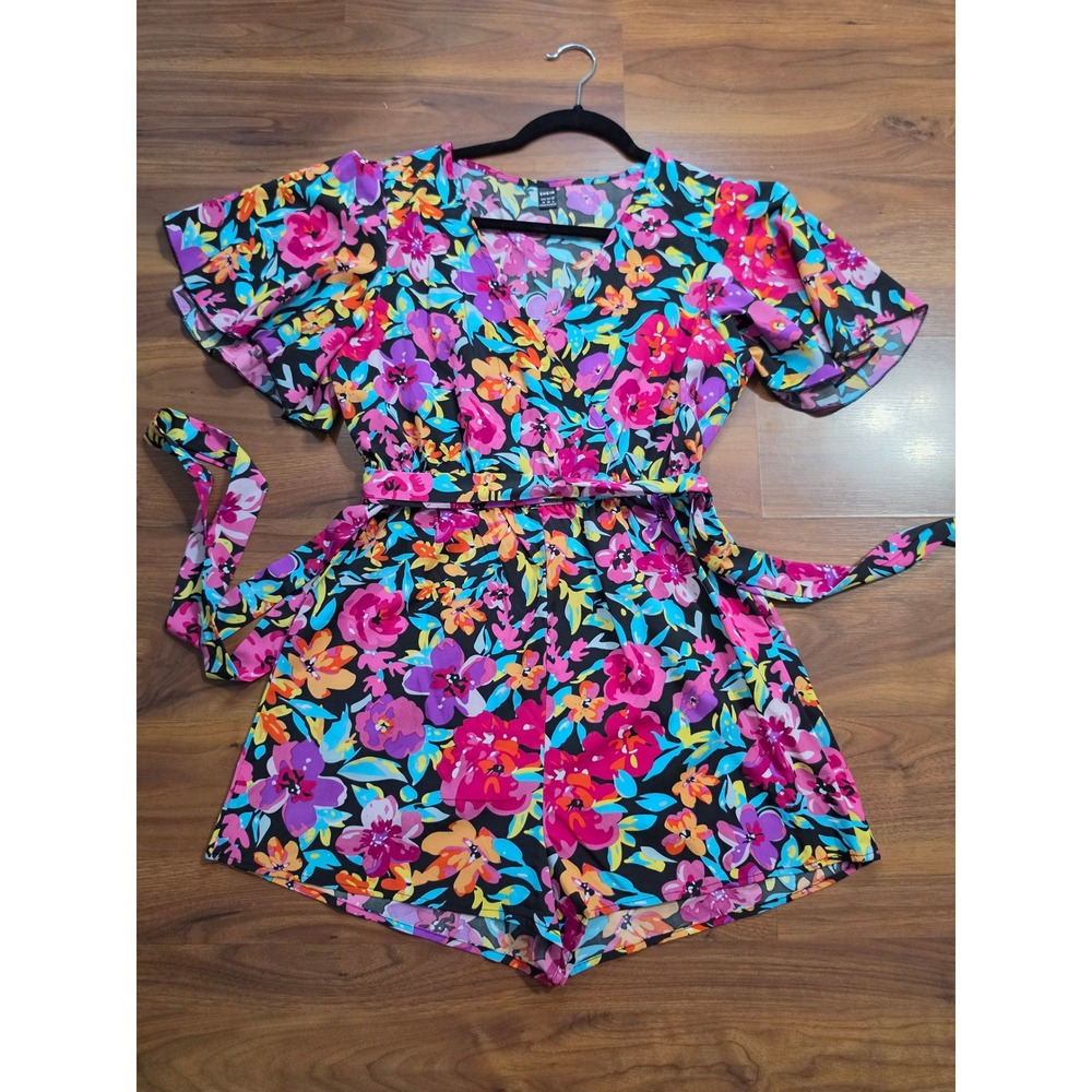 NWT SHEIN Romper Size M Multicolor Floral V-Neck Flutter Sleeve Belted Jumpsuit
